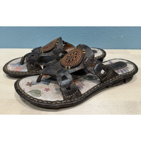Børn Shoes - Born Josefina Sandals Women's 7M Brown leather Thong Open Toe 1# Wedge Slip on